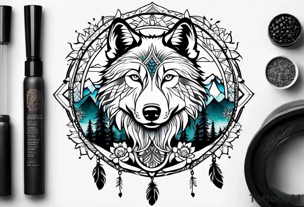 A whimsical wolf tattoo featuring mandala or dream catcher elements, with the wolf as the central focus, surrounded by mountains in the background. Include flowers and nature elements to fill the space around the wolf. Some color but not completely solid bold color tattoo idea