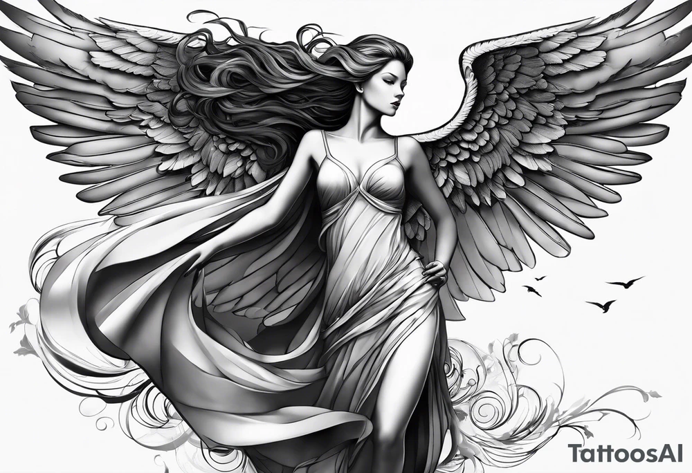 angel woman with big wings, full body, flying on the sky, looking right side , we  can see right profile tattoo idea
