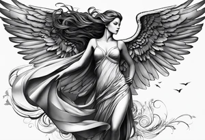 angel woman with big wings, full body, flying on the sky, looking right side , we  can see right profile tattoo idea