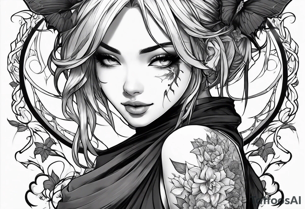 Anime girl with demon embracing her tattoo idea