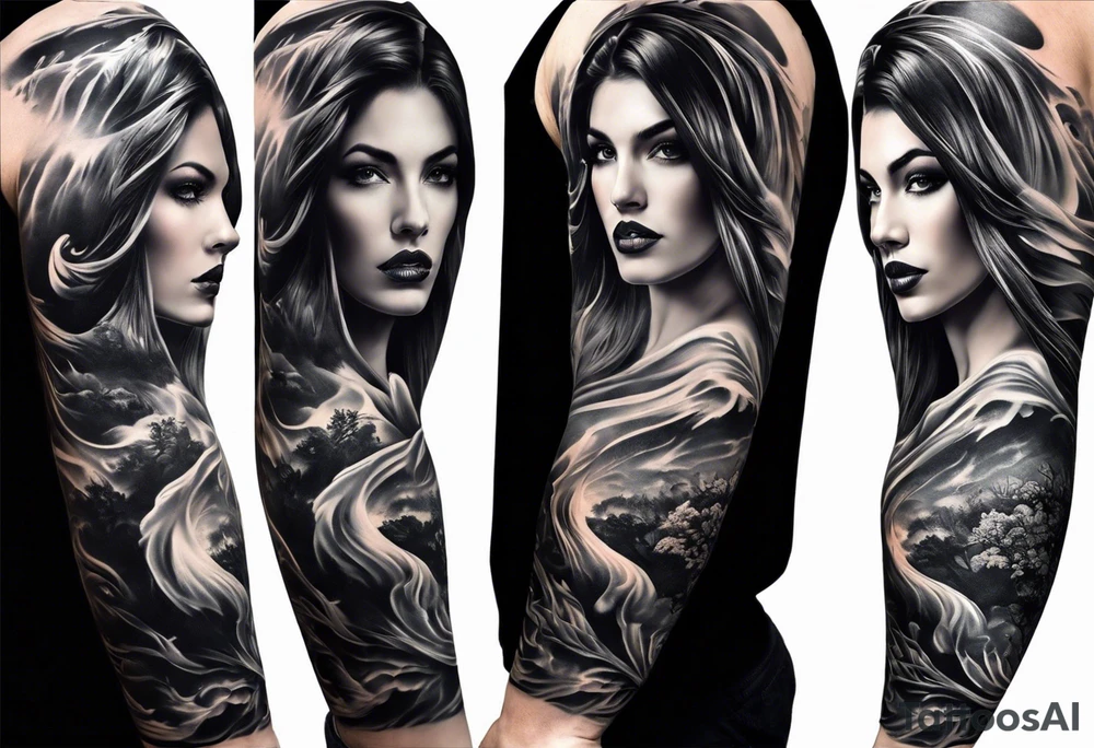 Full arm sleeve. Great Danes in waterfall tattoo idea
