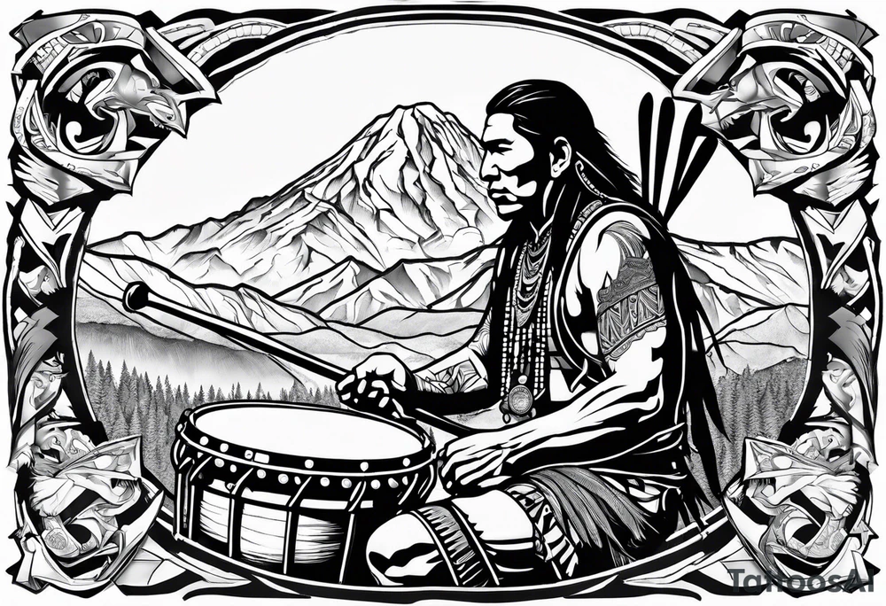 American Indian drummer in front of Mount Denali tattoo idea