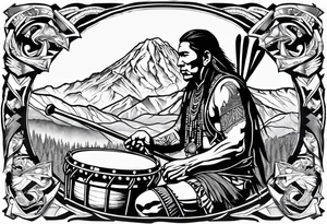 American Indian drummer in front of Mount Denali tattoo idea