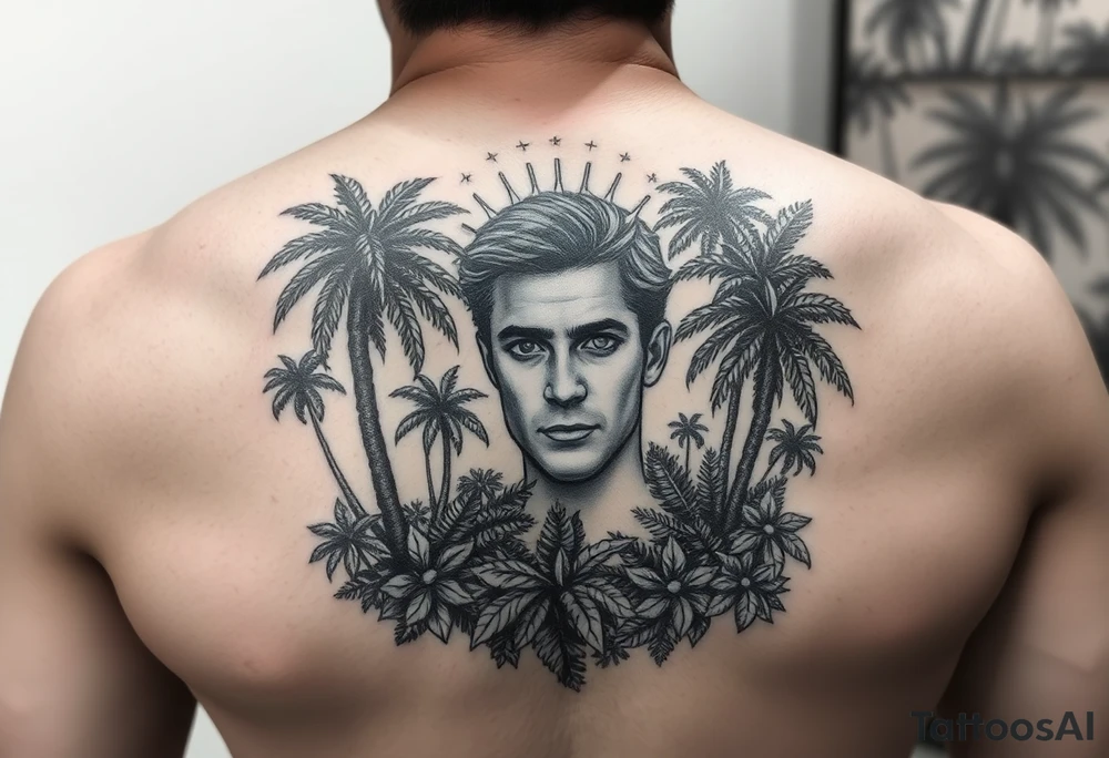 သား Inside of a photo the subject of the photo surrounded by a tropical forest tattoo idea