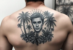 သား Inside of a photo the subject of the photo surrounded by a tropical forest tattoo idea
