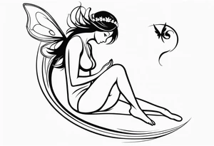 Minimalistic, monochromatic fairy with a tail flying to the left in a fetal position, leaning and looking in the same direction, with visible hands, embodying the 'Fairy Tail' logo aesthetic. tattoo idea