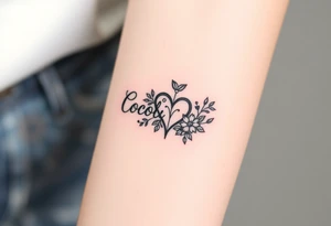 Color splash ambigram and flowers or hearts tattoo idea