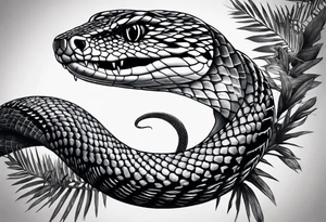 Black and grey realism with a western diamondback snake rainforest background for a forearm sleeve. Create the snake to be coiled and mouth open showing fangs tattoo idea