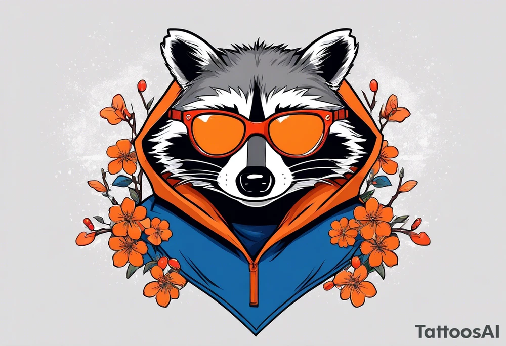 raccoon wearing a Superman hoodie with orange cherry blossoms tattoo idea