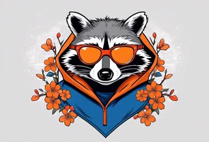 raccoon wearing a Superman hoodie with orange cherry blossoms tattoo idea