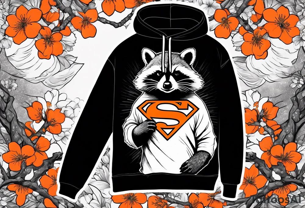 Raccoon wearing a white Superman logo on a black hoodie and orange Japanese cherry blossoms beside tattoo idea