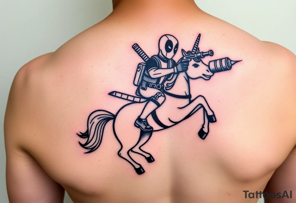 Deadpool riding unicorn pointing rocket propelled grenade launcher tattoo idea