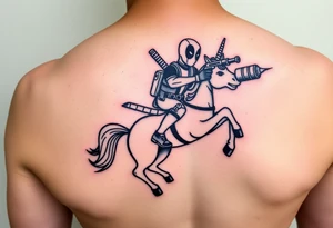 Deadpool riding unicorn pointing rocket propelled grenade launcher tattoo idea