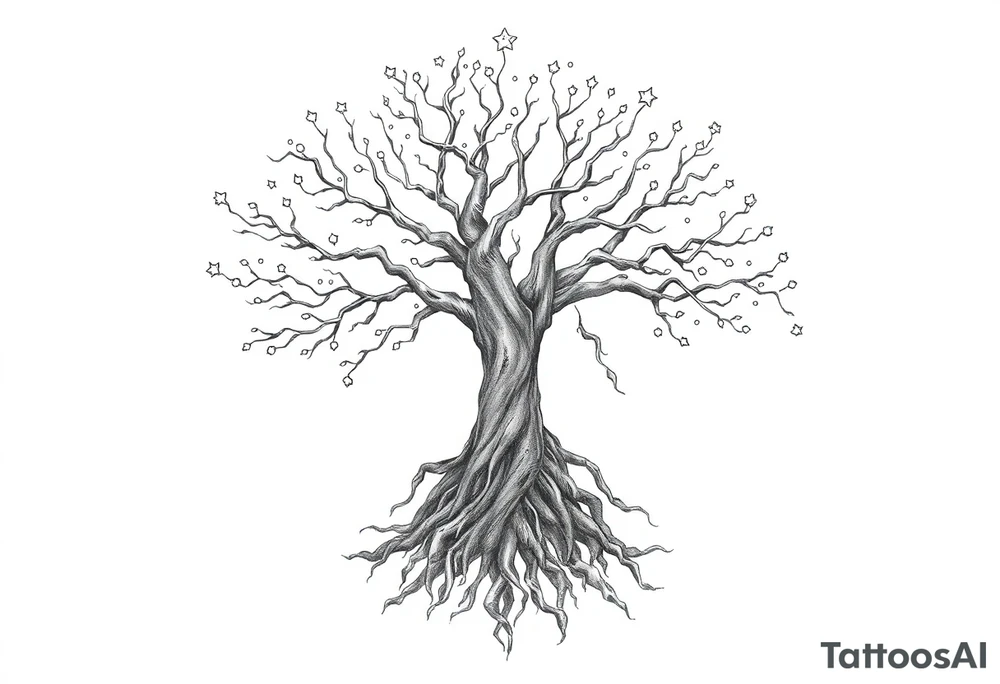 mystical tree of life with cosmic roots and celestial branches tattoo idea