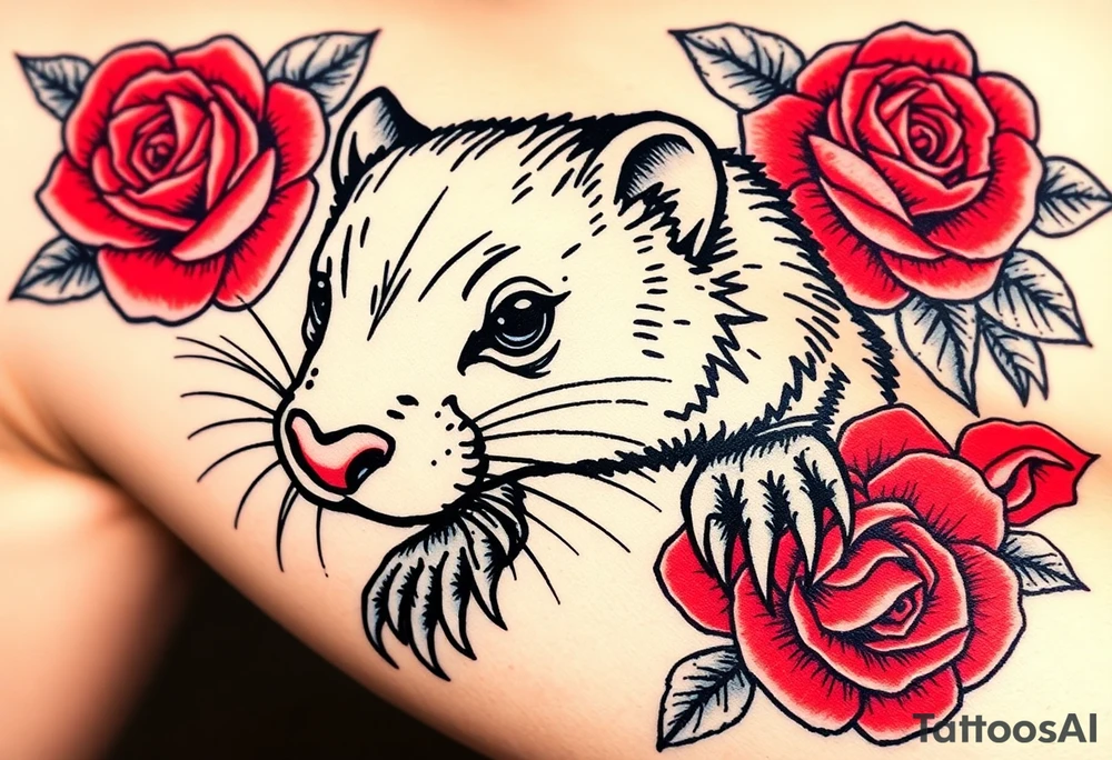 A mole animal with bold black outlines, and red roses surrounding it for a classic old-school aesthetic tattoo idea