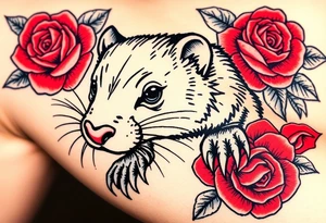 A mole animal with bold black outlines, and red roses surrounding it for a classic old-school aesthetic tattoo idea