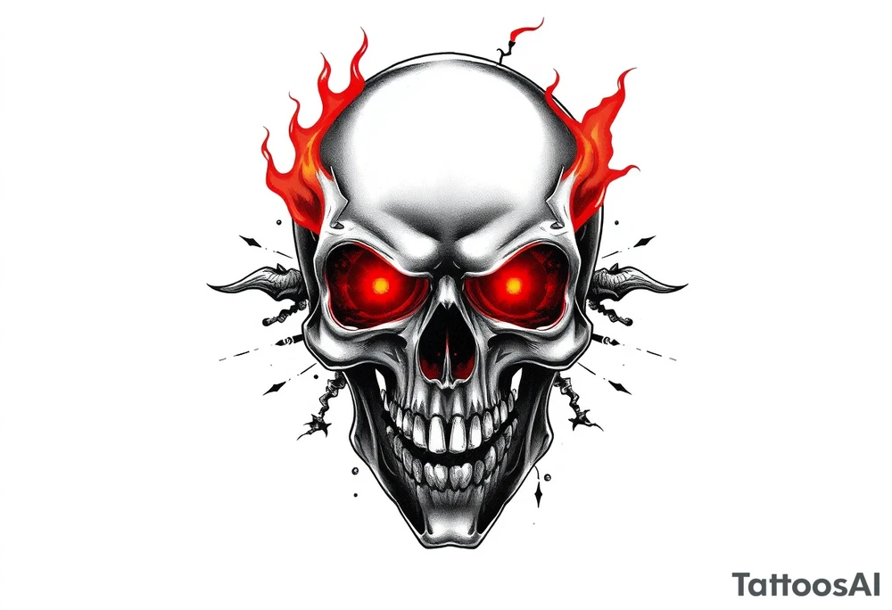 gothic skull with red fire eyes tattoo idea