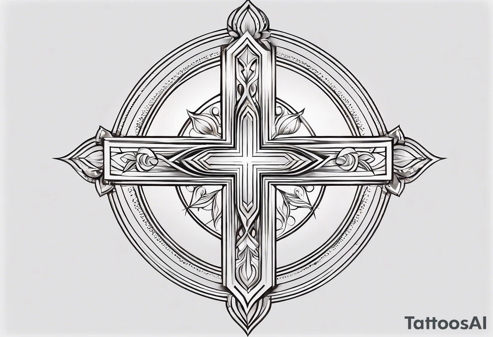 Tattoo: A refined cross with a soft halo on top of it, symbolizing light and spirituality. Delicate rays extend outward from the halo, adding a subtle glow and depth. The cross itself is simple and elegant, with potential for small, intricate line details within the design. tattoo idea