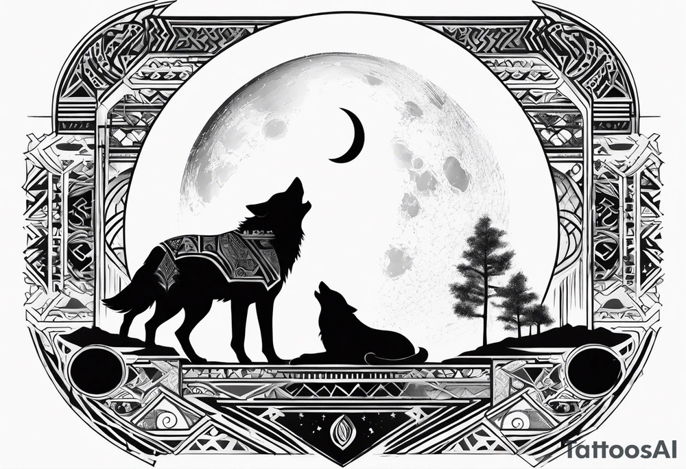 futuristic tribal theme design with moon and wolves and arabic words for forearms tattoo idea