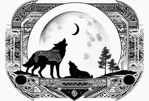 futuristic tribal theme design with moon and wolves and arabic words for forearms tattoo idea