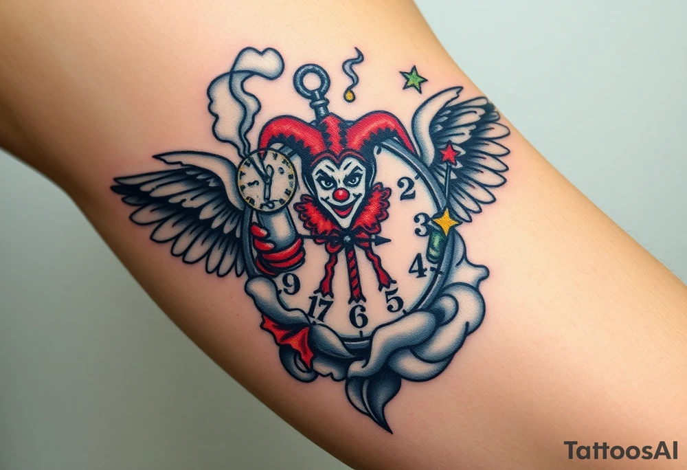 a jester clown floating in smoke with a  clock, the time says 420,  with two open wings besides the clock, smoke as the spring rising from the clock, a jester clown coming out the smoke, smoking in one hand with a liquor bottle on the other hand tattoo idea