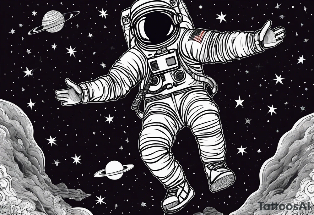 An astronaut floating with one arm up and one arm down and feet spread. he's wearing 1990's air jordan sneakers on his feet tattoo idea