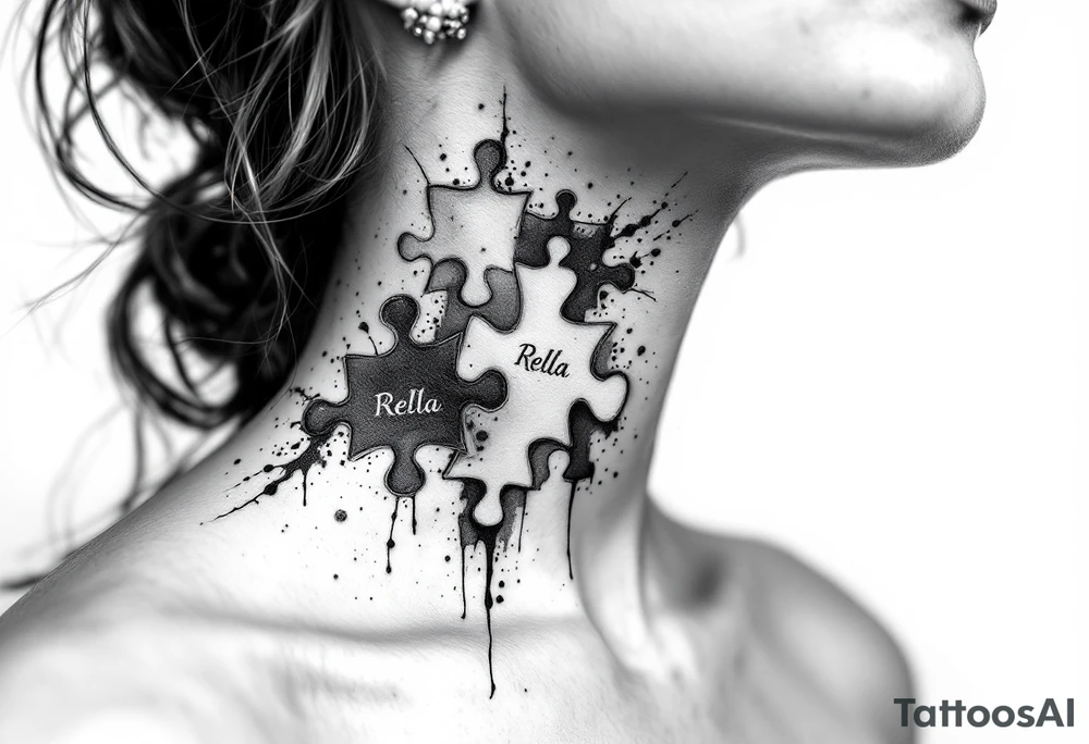 Puzzle piece tattoo on side of the neck that says Rella in the middle tattoo idea