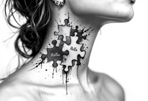 Puzzle piece tattoo on side of the neck that says Rella in the middle tattoo idea