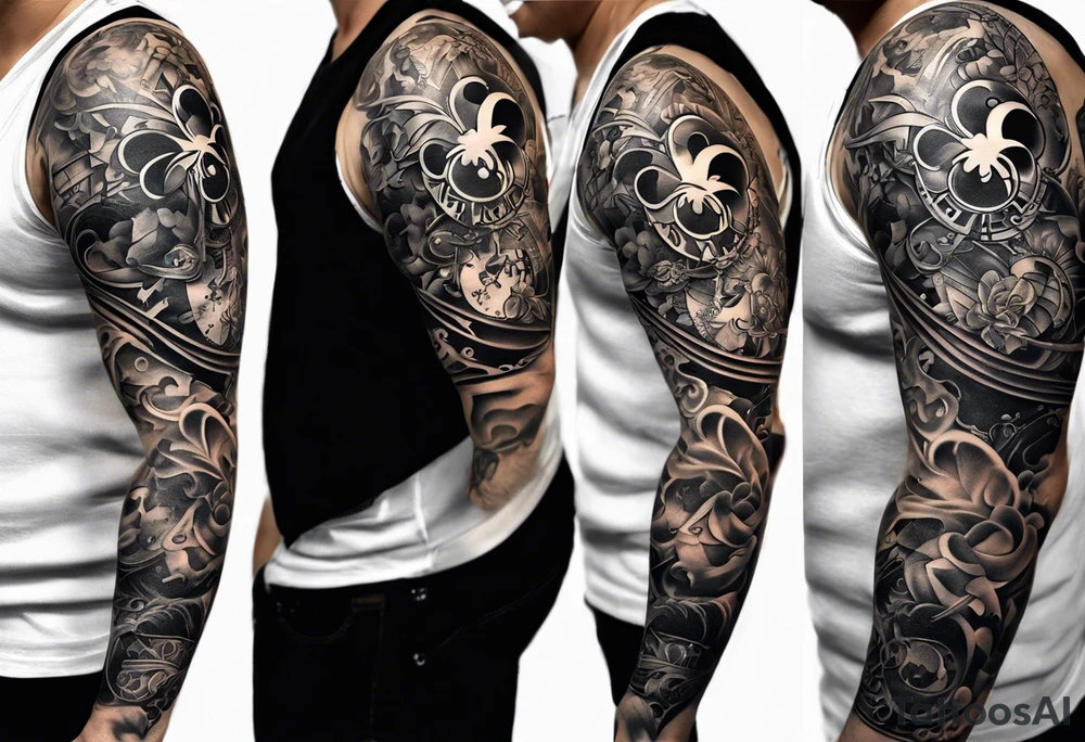 A well balanced tattoo full left arm with the following images: a bass guitar, 2 stars, 1 quarter moon, a caduceus symbol and a mickey mouse tattoo idea