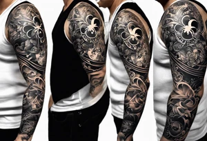 A well balanced tattoo full left arm with the following images: a bass guitar, 2 stars, 1 quarter moon, a caduceus symbol and a mickey mouse tattoo idea
