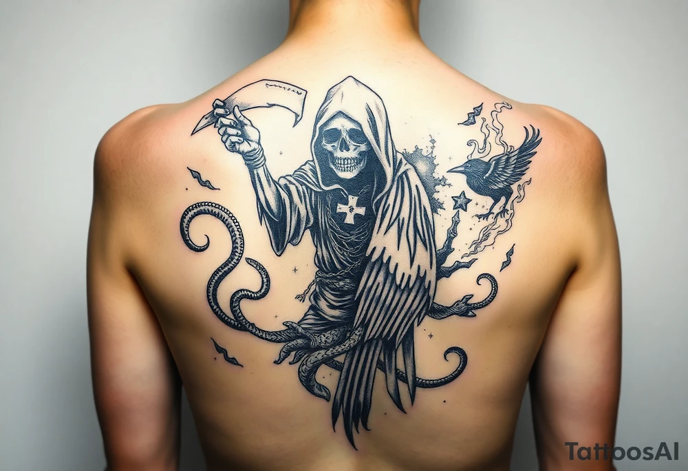 Mix grim reaper, snakes, crow and smoke, all the way back, not just upperback tattoo idea