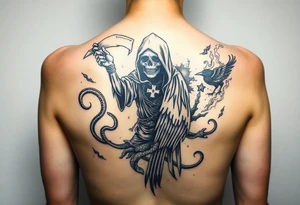 Mix grim reaper, snakes, crow and smoke, all the way back, not just upperback tattoo idea