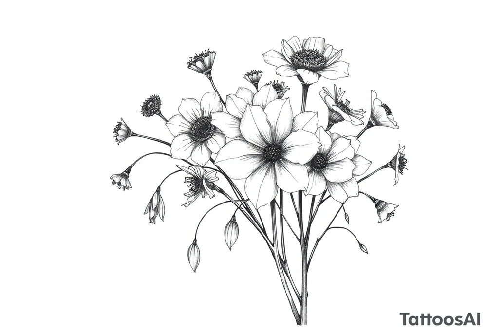 A cluster of wildflowers, with solid black shadows at the base and lighter stippling toward the petals. Some flowers in full bloom while some flowers dying, with petals dropping, symbolizing the passage of time. tattoo idea