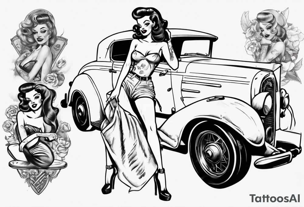 Topless pinup doll sitting on the hood of an vintage car tattoo idea