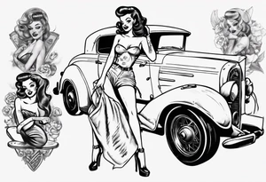 Topless pinup doll sitting on the hood of an vintage car tattoo idea