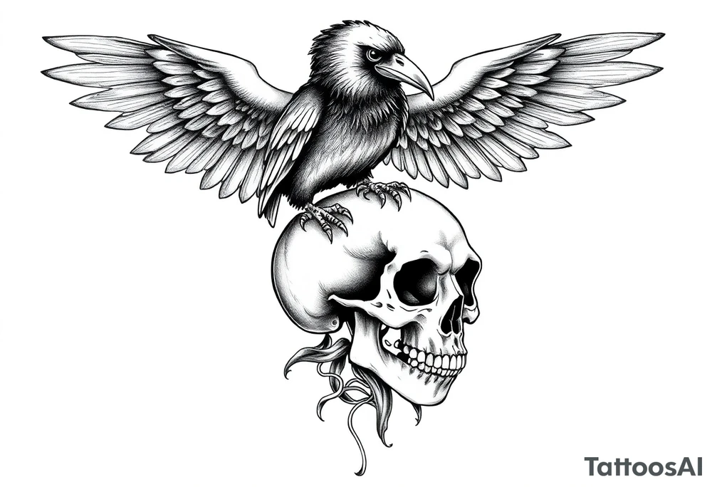 crow perched on skull tattoo idea