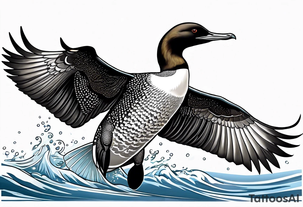 A North American common loon looking majestic as it spreads its wings in the water. On the mid-upper thigh. It should be a vertical tattoo and head on of the loon. tattoo idea