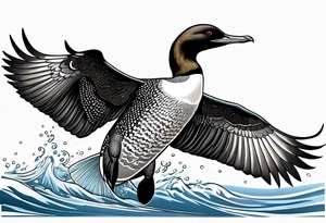 A North American common loon looking majestic as it spreads its wings in the water. On the mid-upper thigh. It should be a vertical tattoo and head on of the loon. tattoo idea