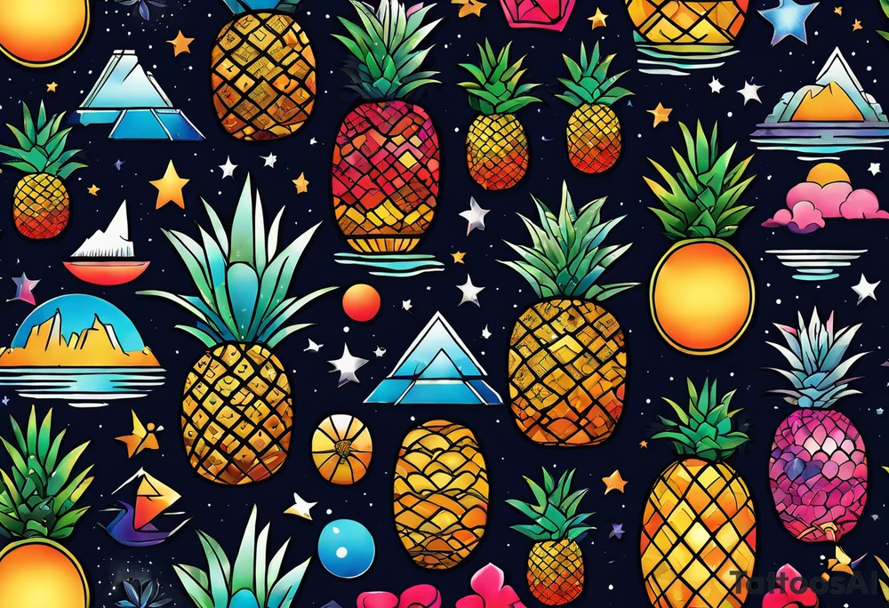 animals and featuring colours of the universe and galaxies feauturing animals and pineapples in amsterdam city featuring Amsterdam buildings and canal made of glass tattoo idea