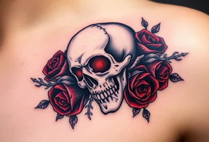 A gothic skull entwined with dark roses, with red highlights and silver thorns, symbolizing eternal love through life's battles tattoo idea