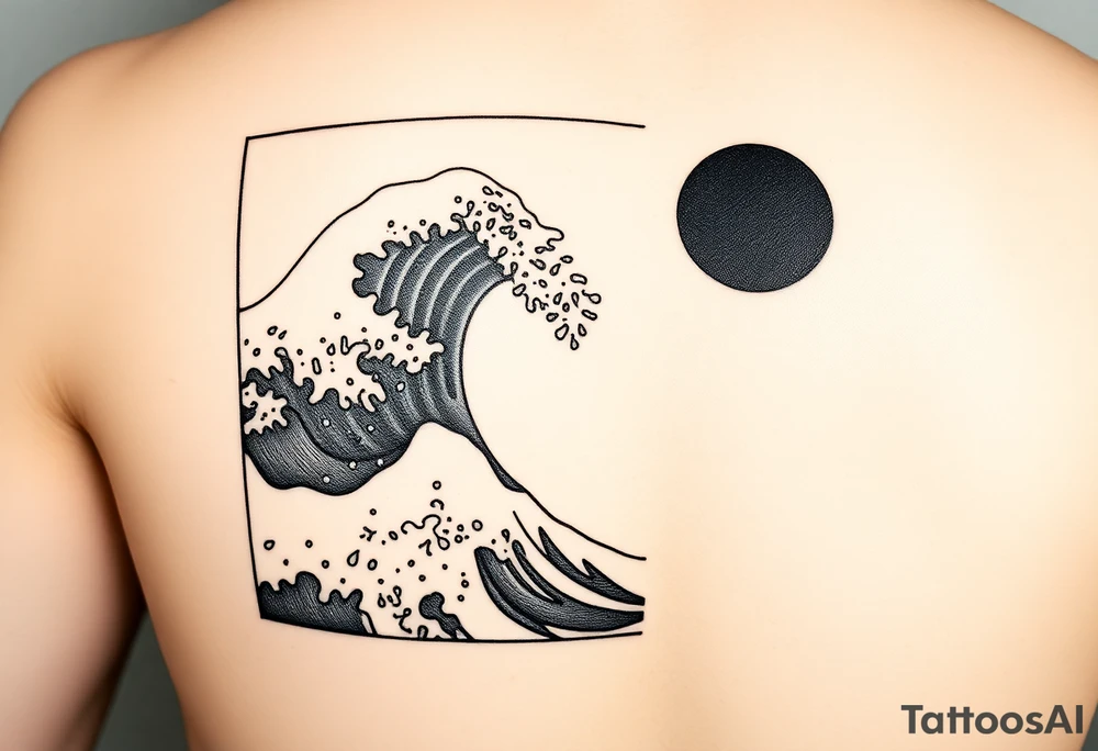 Black and white tattoo design in a vertical rectangular frame, sized to fit the upper arm. Inside the border, feature a dramatic Hokusai-style wave as the central focus, with intricate detailing and texture. Include expressive water droplets around the crest and spray of the wave, similar to traditional Japanese woodblock prints. In the top right or left corner, place a solid black or partially shaded sun for contrast. Use black ink thoughtfully—avoid overly large solid black areas; instead, emphasize fine linework and layered shading to give the piece depth without overwhelming the composition. The overall aesthetic should be bold yet elegant, with a clean, framed silhouette suitable for a modern tattoo. tattoo idea