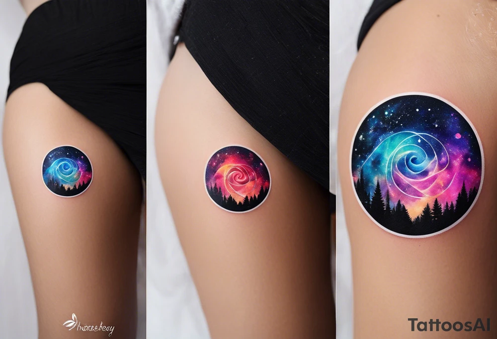 I want a spiral nebula space galaxy tattoo that's colorful and bright and cute and is nice to look at I don't want a traditional circle I want it like the ones thay look like an s shape and this tattoo will be on my left buttcheek and light colors I want more spread and less circle tattoo idea