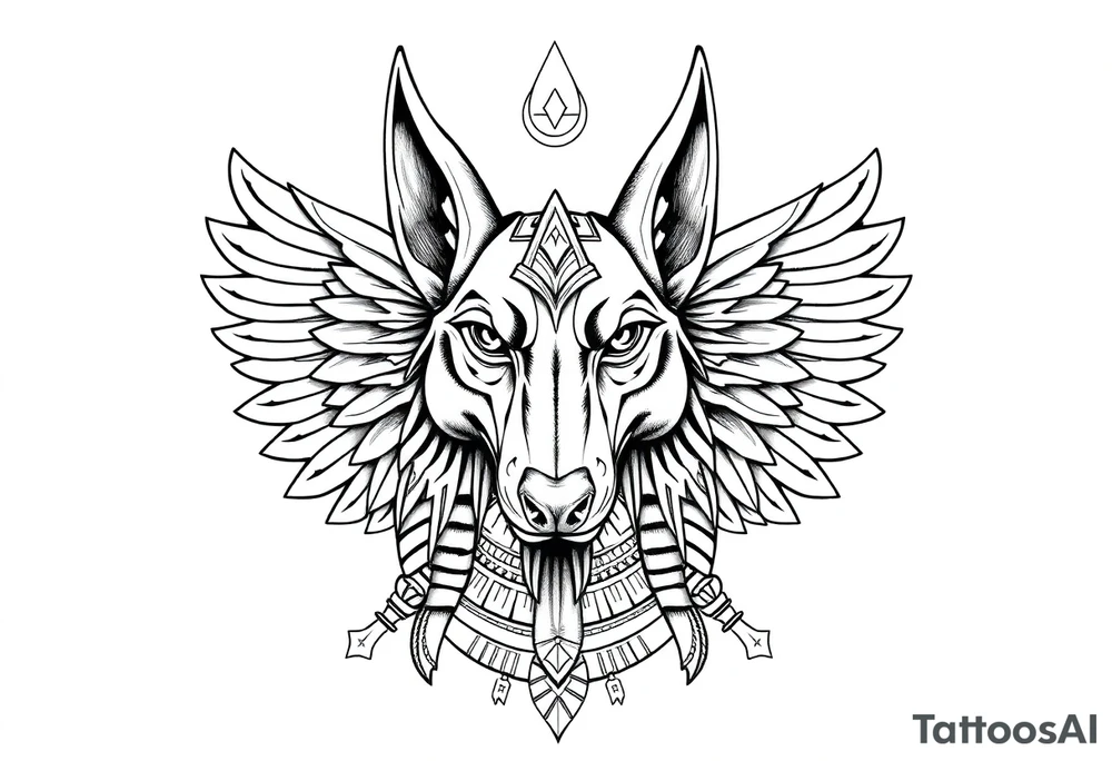 Egyptian Anubis god face muscle in Egypt style dog face surrounded Egyptian symbols based on elements tattoo idea