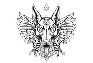 Egyptian Anubis god face muscle in Egypt style dog face surrounded Egyptian symbols based on elements tattoo idea