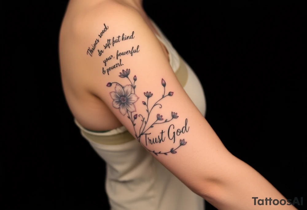 🌿 Right Arm Sleeve
	•	Top shoulder: “Soft but strong, kind but powerful.”
→ Wrapped with light olive vines
	•	Mid-arm: Peonies, lilies, tulips (your favorites)
→ Optional red ink in petal accents
	•	Lower arm/wrist: Vine wrap
→ Script: “Trust God”
	•	Style: Light, flowing, fine-line — NOT bold or filled-in

⸻

🌸 Spine Tattoo & Flow
	•	Already present floral spine tattoo
	•	New elements will connect from your sleeve, flow down from the right shoulder, lightly wrapping into your back
	•	Inspired by the reference with floral script diagonally across the spine
	•	Optional soft red ink details to enhance movement

⸻

🍑 Left Thigh + Butt
	•	Quote: “A garden of her own”
→ Placed on side of butt, flowing from lower back
	•	Floral extension down the thigh — tulips/peonies
	•	Minimal, romantic, fine-line

⸻

👣 Right Ankle
	•	Vine wrap with script: “walk in grace”
→ Placement wraps side ankle or above heel

⸻

✨ Left Arm Details
	•	Inner upper arm (2 stacked lines):
“She is clothed in strength and dignity.”
“…and laughs without fear of the future.”
	•	Lower outer arm: Number 7 (simple, small fine-line)
	•	Hand near thumb: “Godspeed” in thin cursive tattoo idea