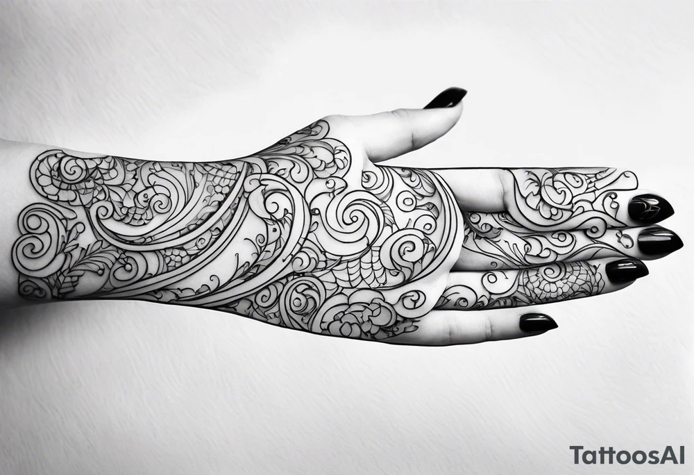 Swirls and whirls of lace covering fingers and forearm tattoo idea