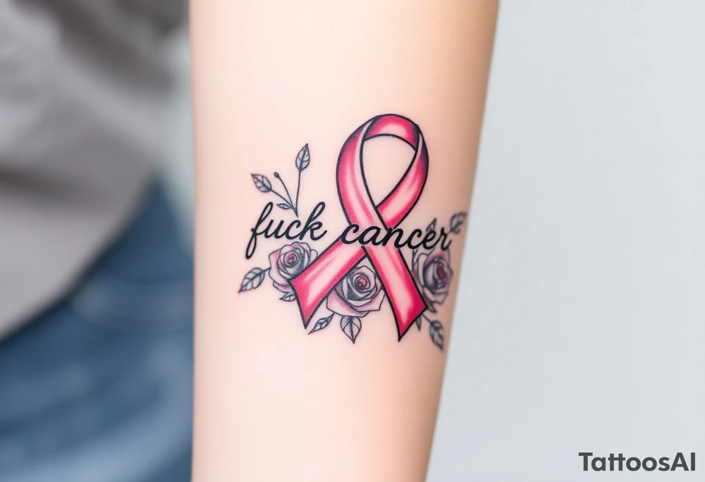 Pretty gray and pink Cancer ribbon that says "fuck cancer"with roses tattoo idea