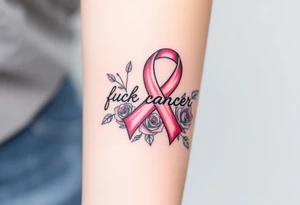 Pretty gray and pink Cancer ribbon that says "fuck cancer"with roses tattoo idea