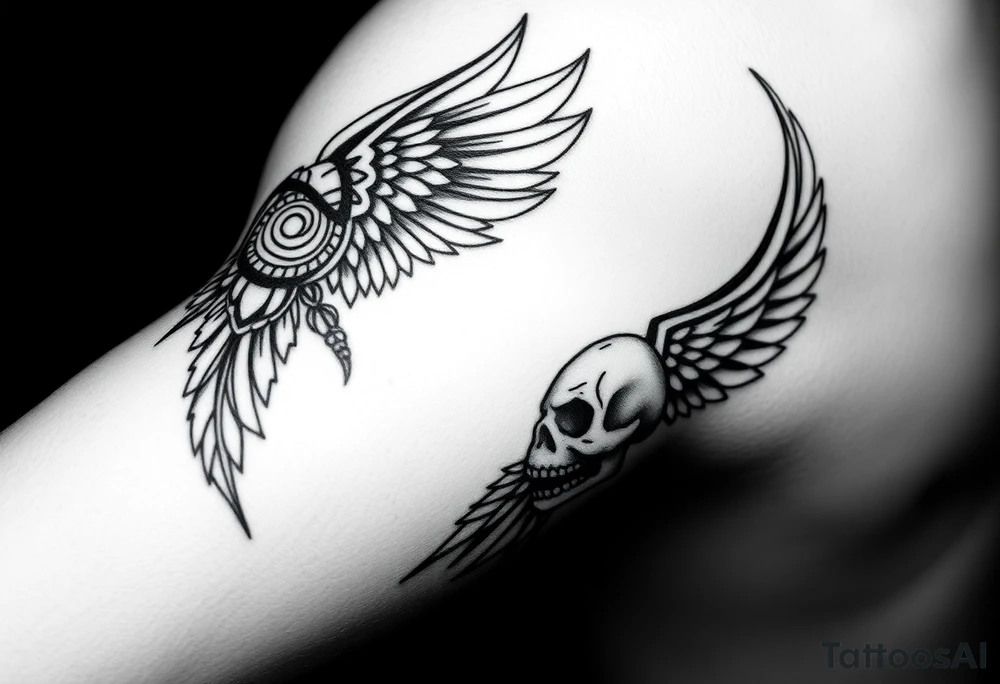 Create a mexican Aztec tattoo with life and death as the theme for the inner bicep. None of what your creating is what im looking for. No wings tattoo idea