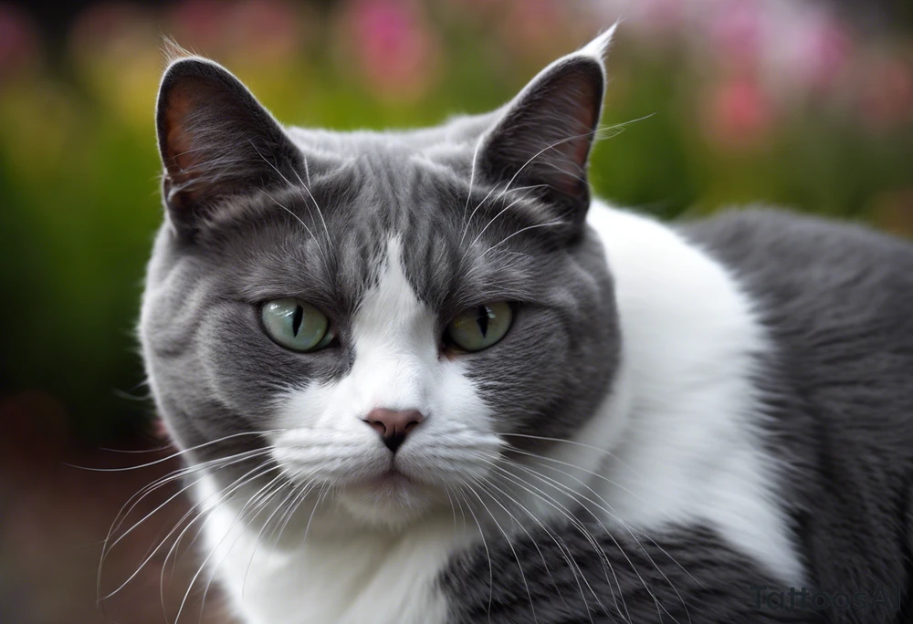 Grey and white cat. She has mostly grey body, smaller white patches on her belly, all four paws are white, but her legs are grey.  she has a tiny little white moustache. White whiskers. She is on the larger side for a cat. I want the tattoo to reflect her sweet personality. She loved sunshine and flowers. She is recently passed away and I would like a memorial tattoo of my sweet baby cat. I want a black and white simple sketch. tattoo idea